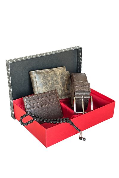 Tisaati Premium Series Special Boxed Luxury Leather Horizontal Wallet Belt and Prayer Beads Men's Set