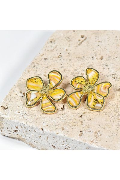 NARRU Handmade NARRU earrings, flower with metal edge, yellow, white and gold, Ava