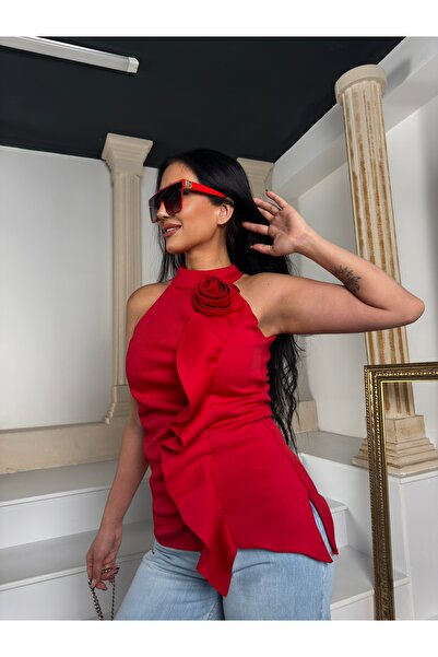 1Moda1Tarz Üst İthal Astarlı Scuba Kumaş Gül Ve Şal Detay Bluz Alt İthal Denim Yan Gül Detay Özel Tasarım Takım