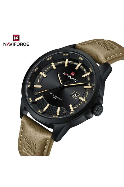 Naviforce Casual Leather Men's Watch – Black Dial & Khaki Strap