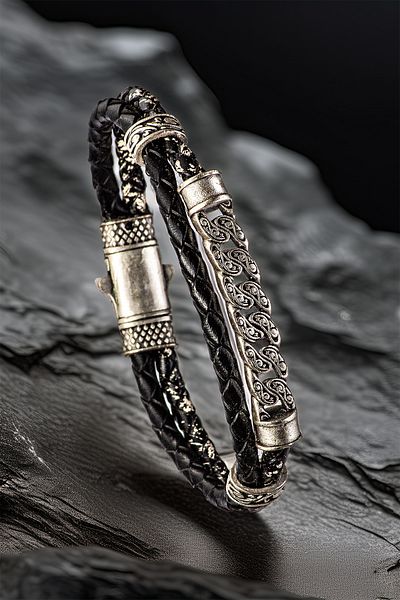 OSMANLI GÜMÜŞ Black Braided Leather Men's Bracelet – Antique Silver Motif Clip Design Stylish Model