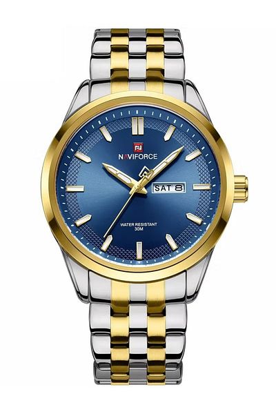Naviforce Men's Stylish Quartz Watch – 44mm Blue Dial, Two-Tone Stainless Steel Strap,30M Water Resistant