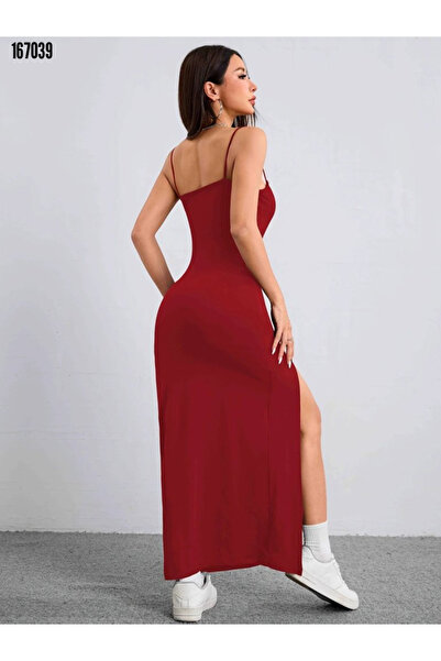 Modayakamoz Yırtmaç Detaylı Kadın Elbise Janjan Krep Kumaş İp Askılı Model