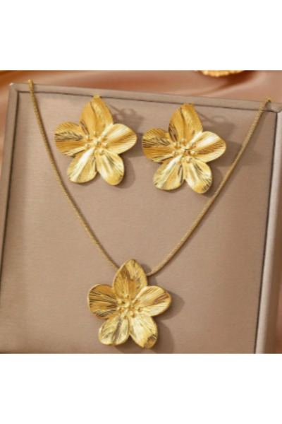 SE Jewellery Collection Selin Ersoy Kadın Gold Çiçek Formlu Takı Seti – Paslanmaz Çelik Kolye ve Küpe