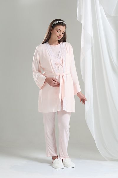 LOHOUSE Tuba Powder Double Breasted Special Design Maternity Maternity Dressing Gown 3-Piece Pajama Set