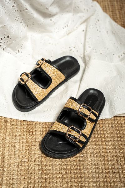 LAMİNTA Bred Women's Straw Detailed Buckle Thick Sole Slippers