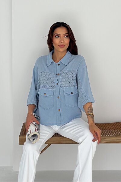 FEMELLE Kadın Mavi Standart Beden Yarasa Kol Örgü Dantel Detaylı Panço Gömlek