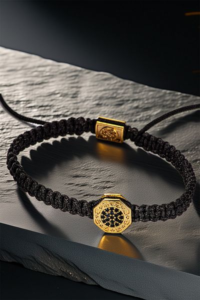 OSMANLI GÜMÜŞ Octagonal Stone Gold Detail Macrame Men's Bracelet – Adjustable Black Handmade Model