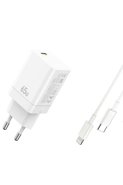 OEM Incarcator Retea, 220V, 3A, 65W PD, Incarcare Rapida, Port USB-C + Cablu USB-C - Lightning, Alb