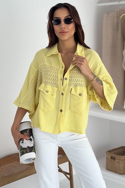 FEMELLE Women's Yellow Standard Size Bat Sleeve Mesh Lace Detailed Poncho Shirt