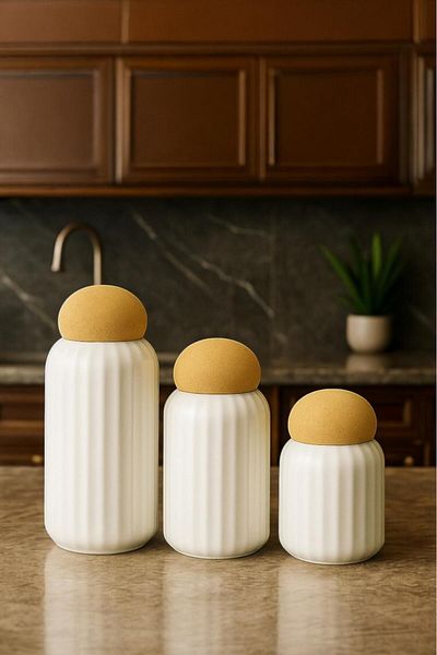 Sezka Life Set of 3 Striped Ceramic Jars and Spice Jars with Cork Ball Lid
