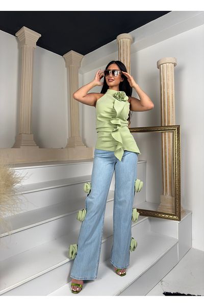 1Moda1Tarz Top Imported Lined Scuba Fabric Rose and Shawl Detail Blouse Bottom Imported Denim Side Rose Detail Special Design Suit