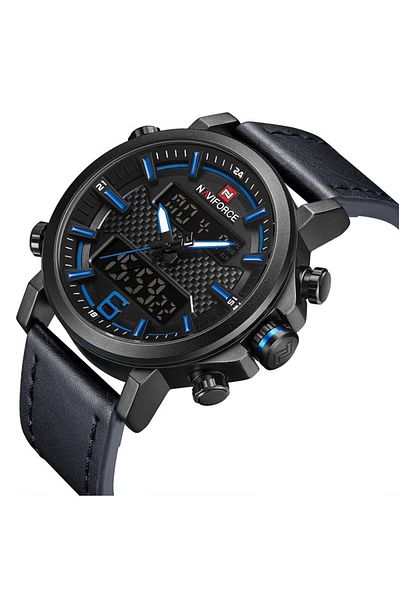 Naviforce Mens Black Dial Blue Leather Strap Watch Analog Digital Quartz Waterproof Chronograph