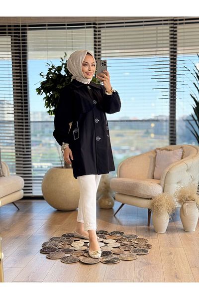 ALANURMODA 6143 Front Button Pattern Printed Trench