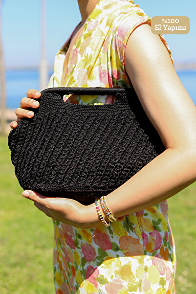Brillo Kadın Siyah Renk Dokuma Astarlı Burslu Clutch El Çantası