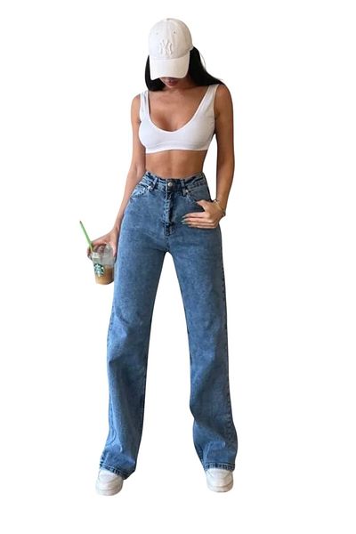 byhaziran butik Arontia Young Girl Blue Wash High Waist Lycra Loose Wide Leg Jeans