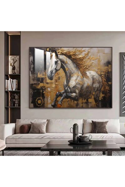 SND لوحة جدارية خشبية فاخرة بتصميم خيول مع برواز بني و طبقة من الاكرليك الشفاف