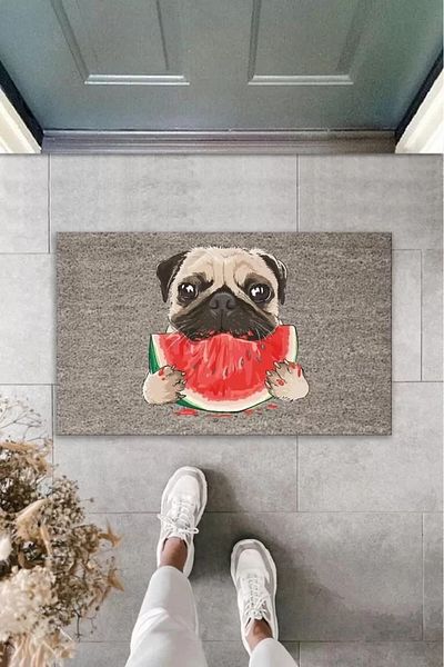 Mu Art Ahşap Digital Printing Gray Slice Watermelon Eating Dog Decorative Door Mat K-2033