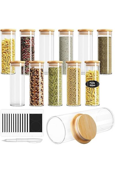 FINEW Set 12 glass jars/containers, 500ml, for spices, with bamboo lid, round, borosilicate glass, sticker