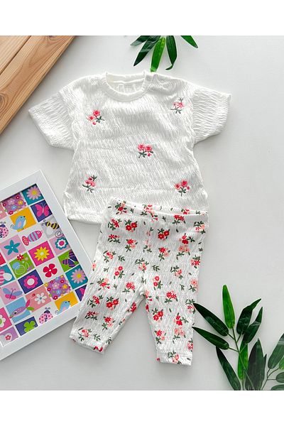 hümabebe Bouquet Flower Embroidery Shoulder Snap Drawstring Fabric Summer 2 Piece Set