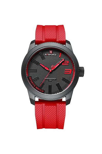 Naviforce Men Black and Red Sports Watch with Rubber Strap Durable Analog Quartz Wristwatch Water Resistant