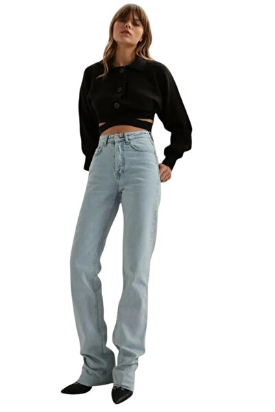 byhaziran butik Women's Snow Washed High Waist Stretchy Wide Leg Jeans