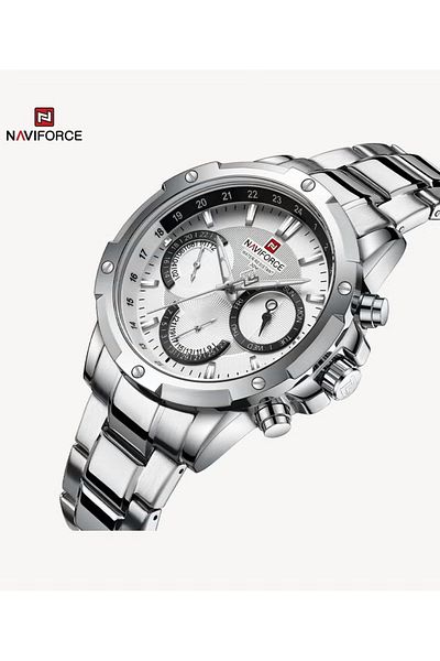 Naviforce Silver Dial Stainless Steel Chronograph Mens Watch Waterproof
