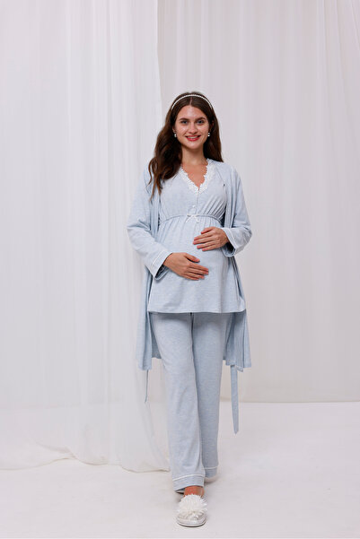 Yulem Homewear Mavi Melanj Dantel Yaka Lohusa Hamile Sabahlıklı 3'lü Pijama Takım Set