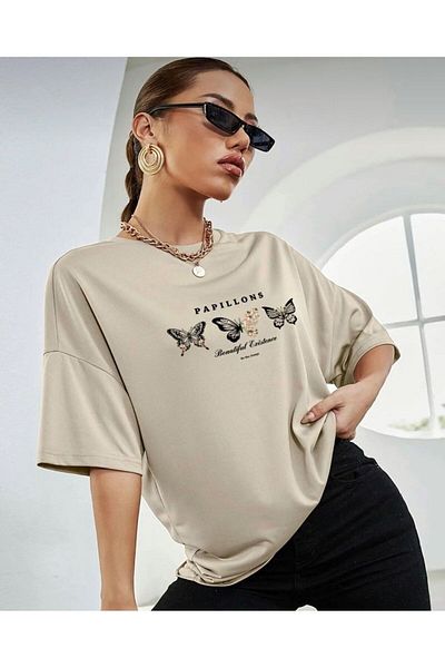 khufu Oversize Fit Βαμβακερό ΜΠΕΖ Χρώμα PAPILLONS BUTTERFLY Μπλουζάκι με εμπριμέ άνετο κομμένο Unisex