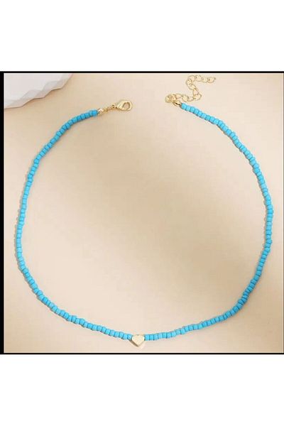 Stoneday Turquoise Blue Beaded Gold Heart Summer Necklace