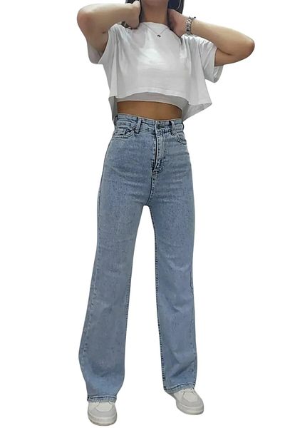byhaziran butik Kery Women's Snow Wash High Waist Stretchy Wide Leg Jeans