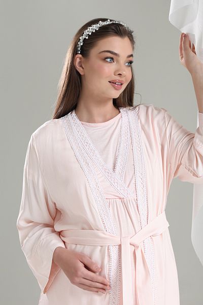 Lohussa Powder Lace Detailed Special Design 100% Cotton Summer Maternity Maternity Dressing Gown Pajama Set Set