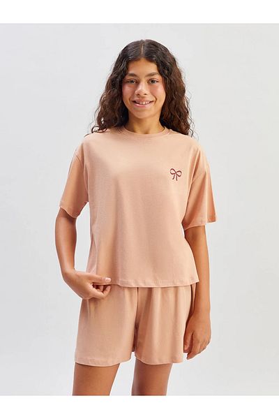 LC Waikiki LCW Παιδικό καφέ πιτζάμες με στάμπα με φιόγκο για κορίτσια