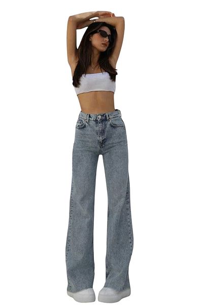 byhaziran butik Lida Women's Blue Snow Wash High Waist Lycra Wide Leg Jeans