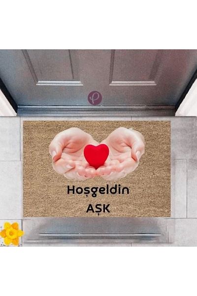 Mu Art Ahşap Door Mat Decorative Digital Printing Welcome Love P-2438