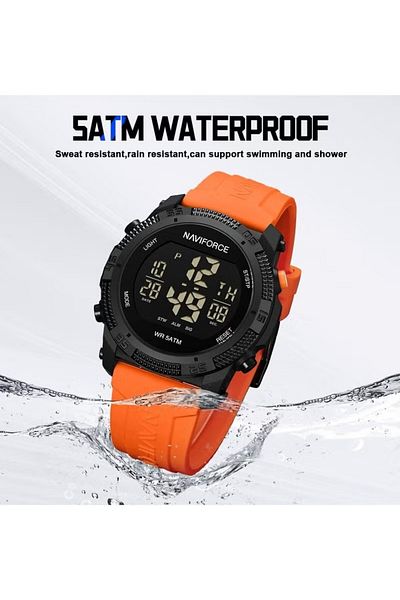 Naviforce Stylish Digital Sports Watch – 45mm Black Dial, Orange Silicone Strap, 50M Water Resistant