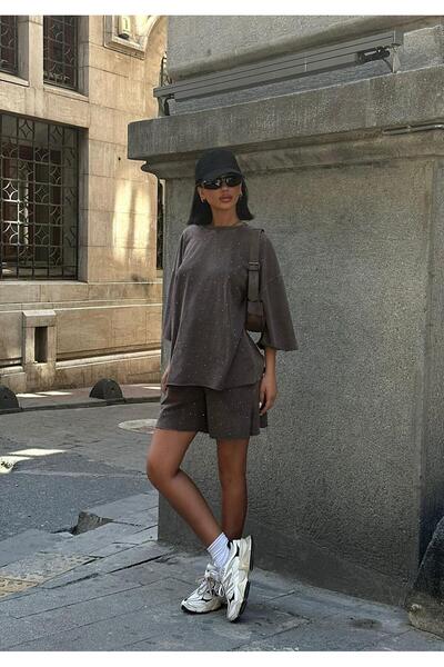 Bliss Women's Bottom Top Shorts Set with Stones Model, Oversize Relaxed Cut Summer Set