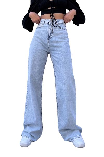 byhaziran butik Lidra Women's Blue Snow Wash High Waist Stretchy Comfortable Wide Leg Jeans