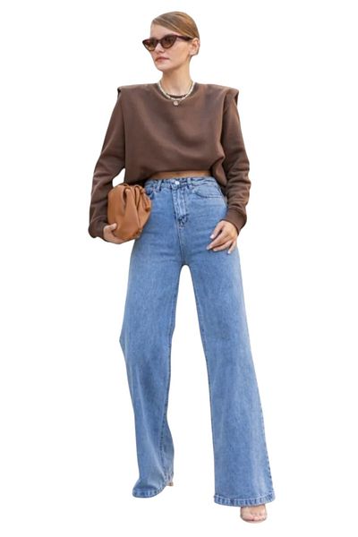byhaziran butik Lea Young Girl Light Blue Snow Wash High Waist Lycra Comfortable 90's Loose Leg Jeans