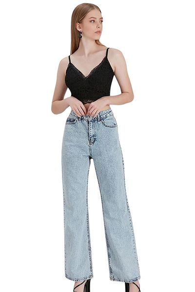 byhaziran butik Serolita Young Girl Blue Wash High Waist Lycra Loose Wide Leg Jeans