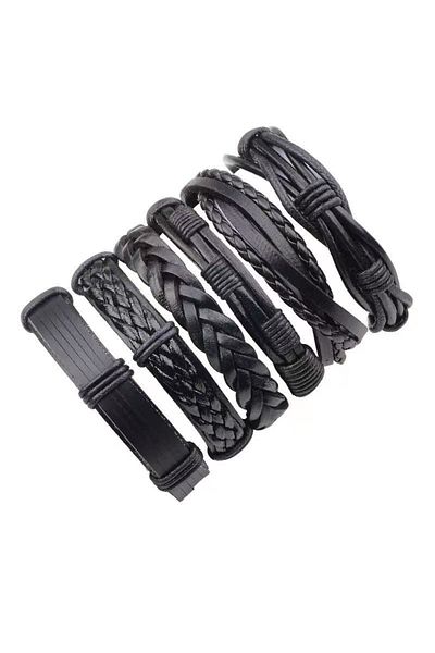 JustZEN Set 6 bracelets, multi-layered, JustZEN™ SmartBlack, men's black leather, adjustable closu
