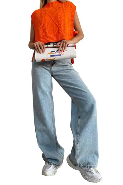 byhaziran butik Cill Women's Light Blue Wash High Waist Denim Fabric Loose Leg Jeans