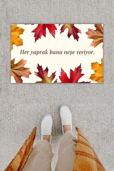 Mu Art Ahşap Digital Printing Decorative Dry Leaf Beige Door Mat K-1203