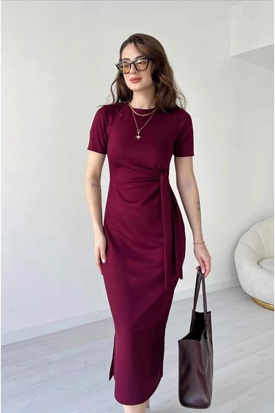 MODAF Women's Burgundy Side Tie Detail Dress Daçem Hira