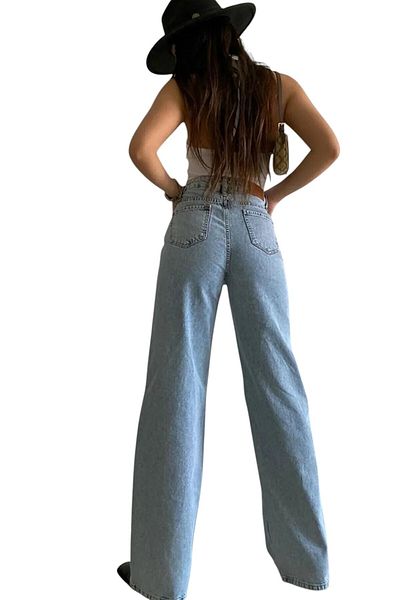 byhaziran butik Olla Women's Blue Snow Wash High Waist Lycra Wide Leg Jeans