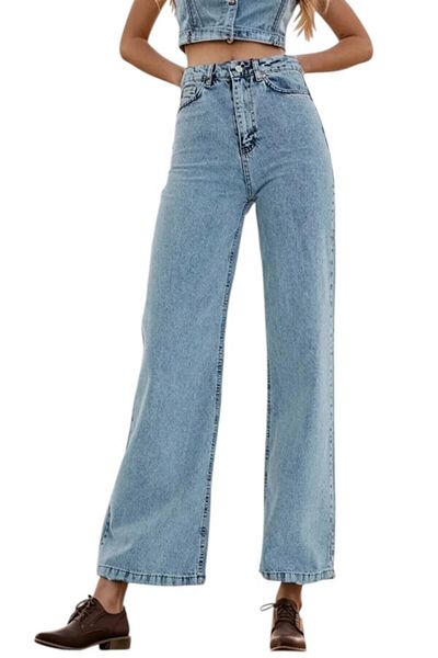 byhaziran butik Aurora Young Girl Light Blue Snow Wash High Waist Lycra Casual 90's Loose Leg Denim Pants