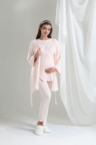 Lohussa Powder Lace Detailed Special Design 100% Cotton Summer Maternity Maternity Dressing Gown Pajama Set Set