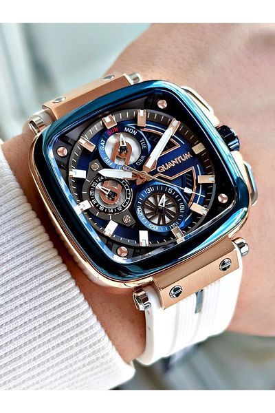 Quantum Function Navy Blue-White Color Silicone Cord Steel Case Angled Dial Men's Wrist Watch 1014.493