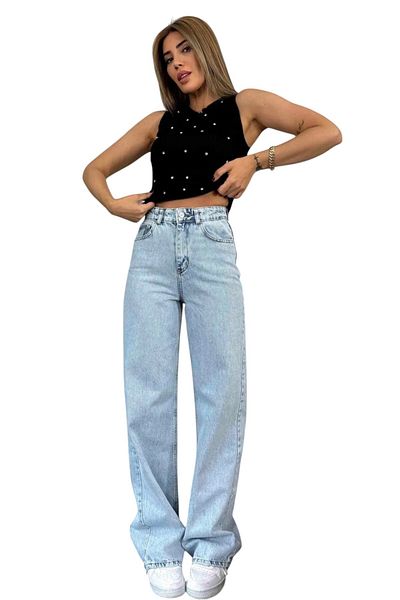 byhaziran butik Rudy Women's Light Blue Snow Wash High Waist Lycra Comfortable 90's Loose Leg Jeans