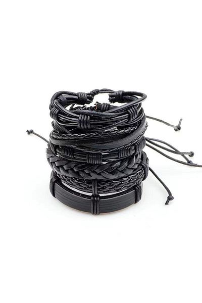 JustZEN Set 6 bracelets, multi-layered, JustZEN™ SmartBlack, men's black leather, adjustable closu